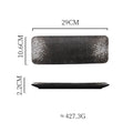 Measurement chart of a black rectangular plate with dimensions and weight information.