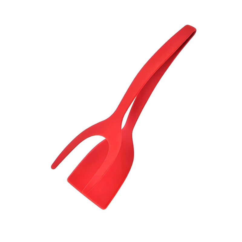 Red plastic tool with a long handle and wide head on a white background