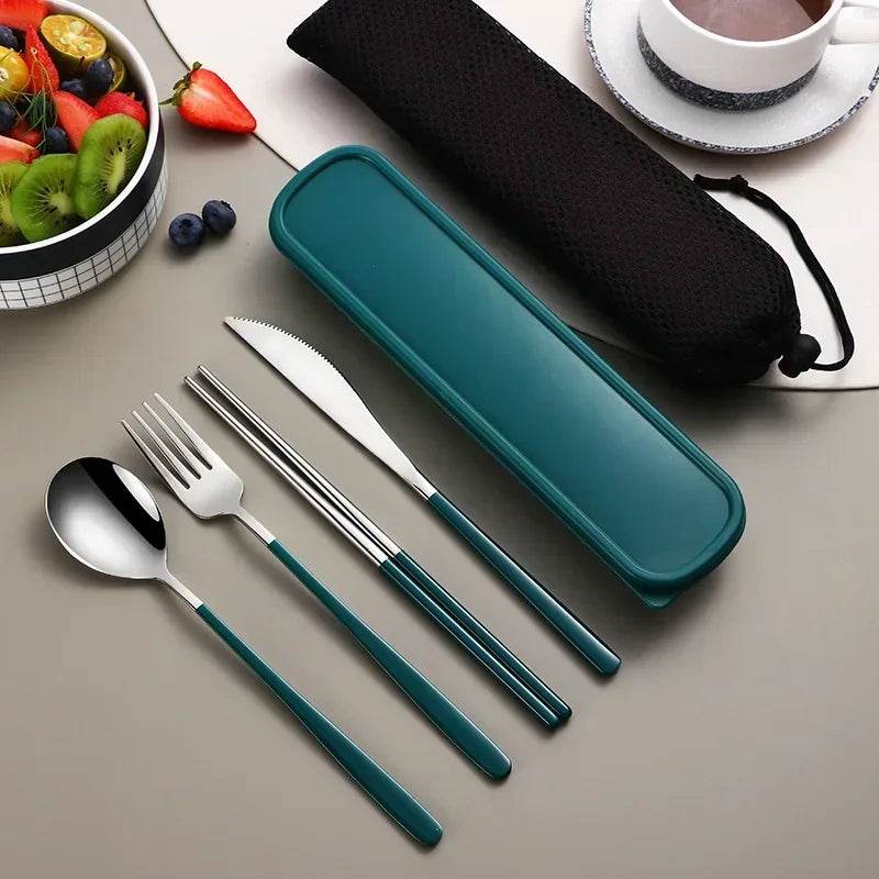 EMESA HOME Portable Stainless Steel Cutlery Set – Knife, Fork, Spoon, Chopsticks with Case, 4-Piece Travel Flatware Gift Set Silver green