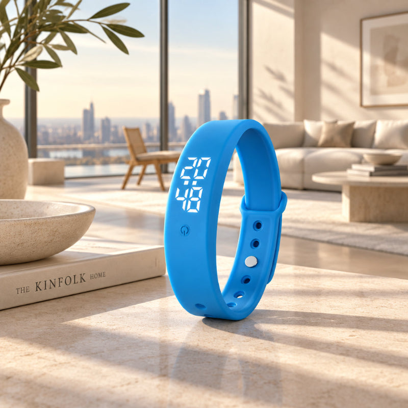A bright blue silicone wristband watch with a digital LED display showing the time 20:48, standing upright on a marble tabletop in a modern, sunlit living room.