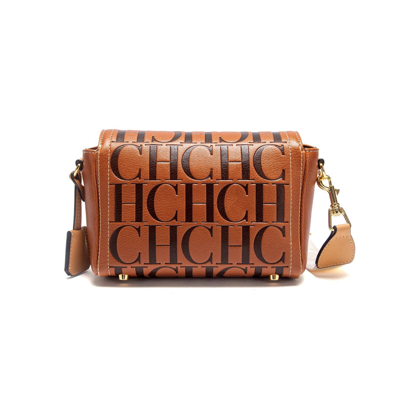 Brown handbag with 'CHIC' text pattern on a white background