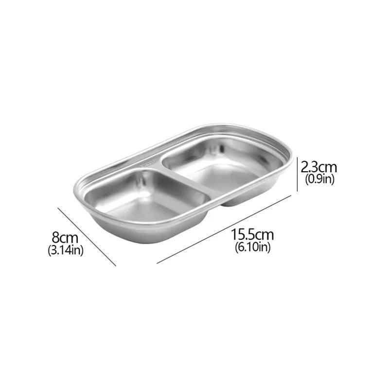 Stainless steel compartment tray with dimensions on a white background