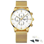 Gold wristwatch with white face and mesh band on a white background, featuring NIBOSI branding.