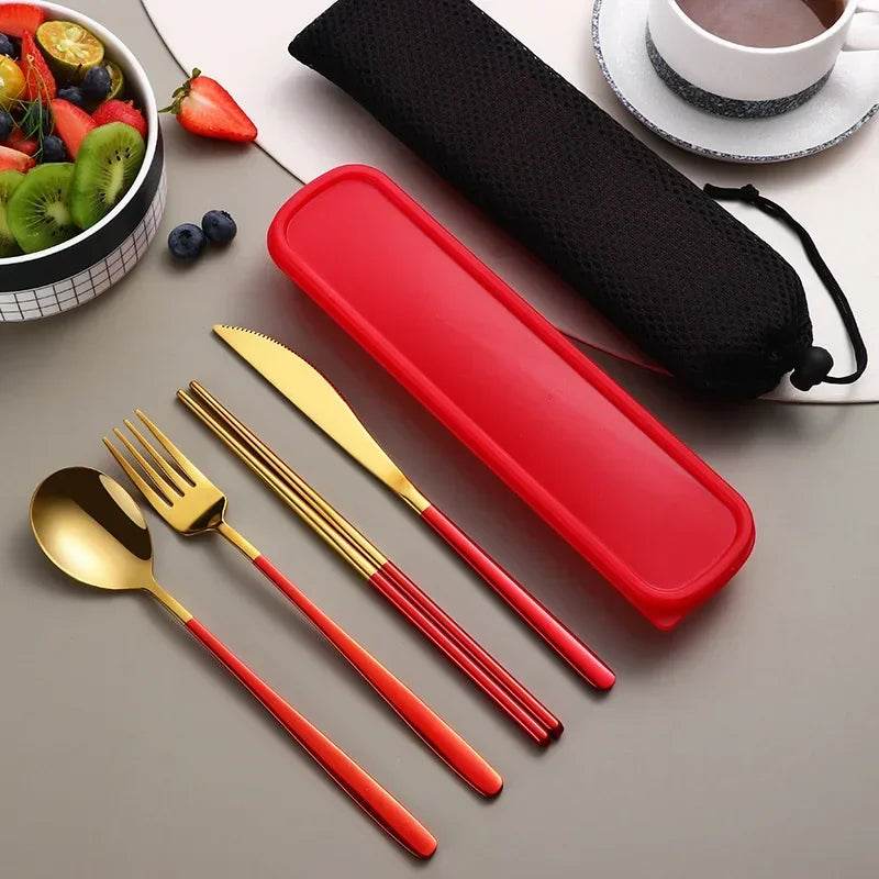 EMESA HOME Portable Stainless Steel Cutlery Set – Knife, Fork, Spoon, Chopsticks with Case, 4-Piece Travel Flatware Gift Set Gold red