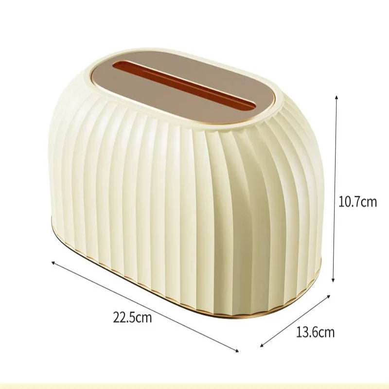 Rectangular beige tissue box with dimensions labeled on a white background