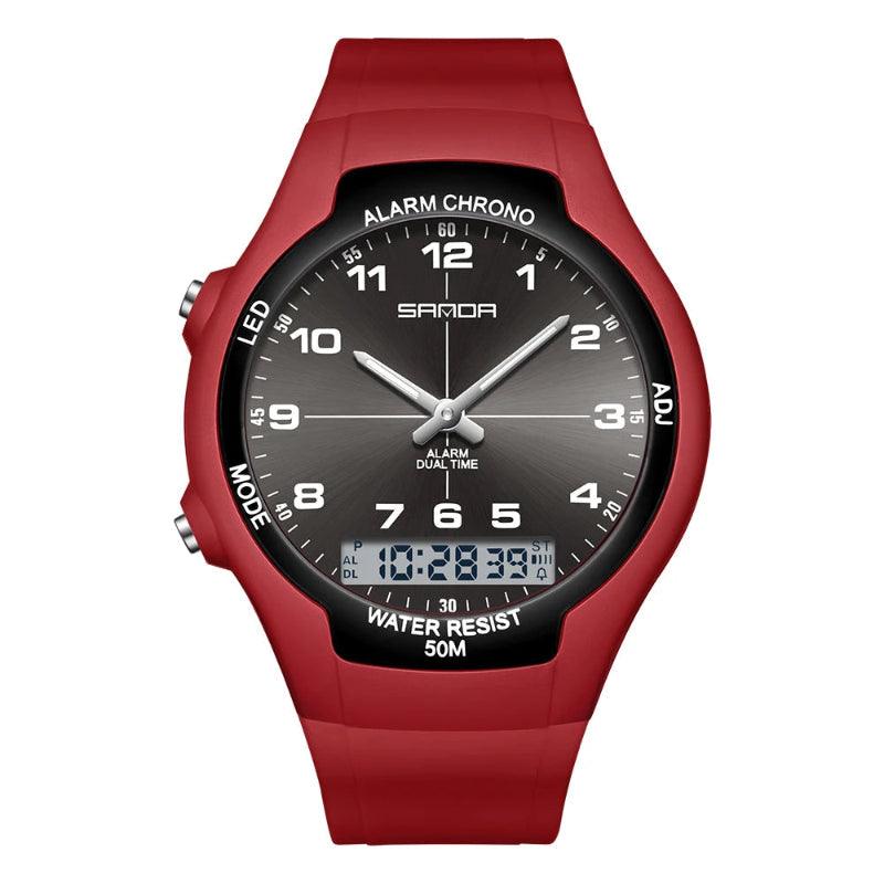 Red watch with black dial on a white background, featuring the brand 'SANDA'.