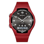 Red watch with black dial on a white background, featuring the brand 'SANDA'.