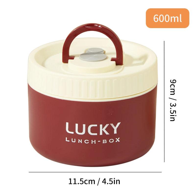 Red and white lunch box with dimensions and capacity details on a white background