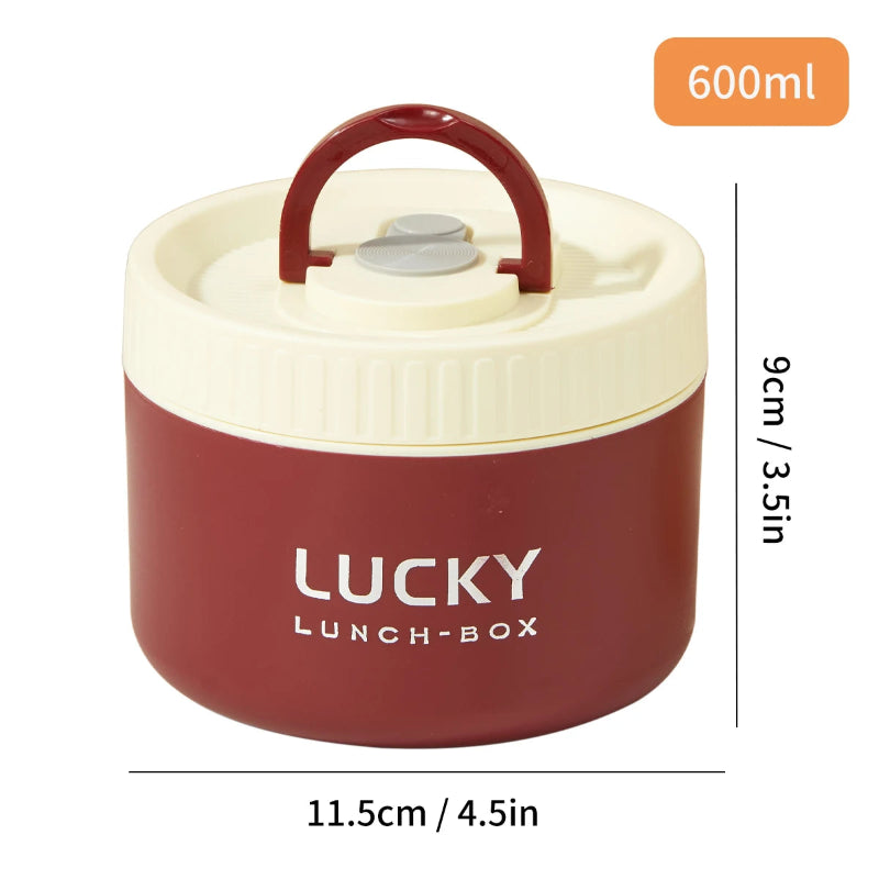 Red and white lunch box with dimensions and capacity details on a white background