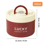 Red and white lunch box with dimensions and capacity details on a white background