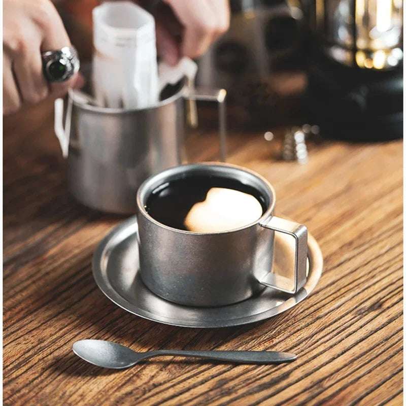 EMESA HOME Retro Coffee Cup Set, Double Wall 304 Stainless Steel with Spoon & Saucer, Frosted Industrial Style Tea Cup