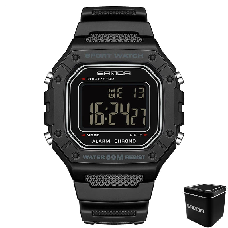 Black digital watch with SAMOA branding on a white background