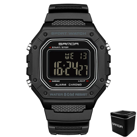 Black digital watch with SAMOA branding on a white background