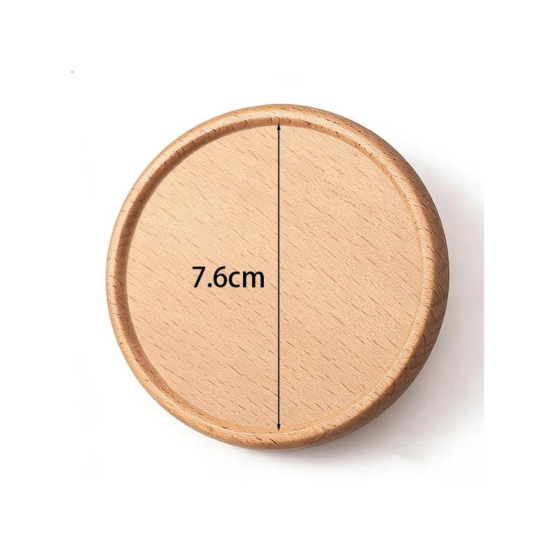 Wooden coaster with measurement label on a white background
