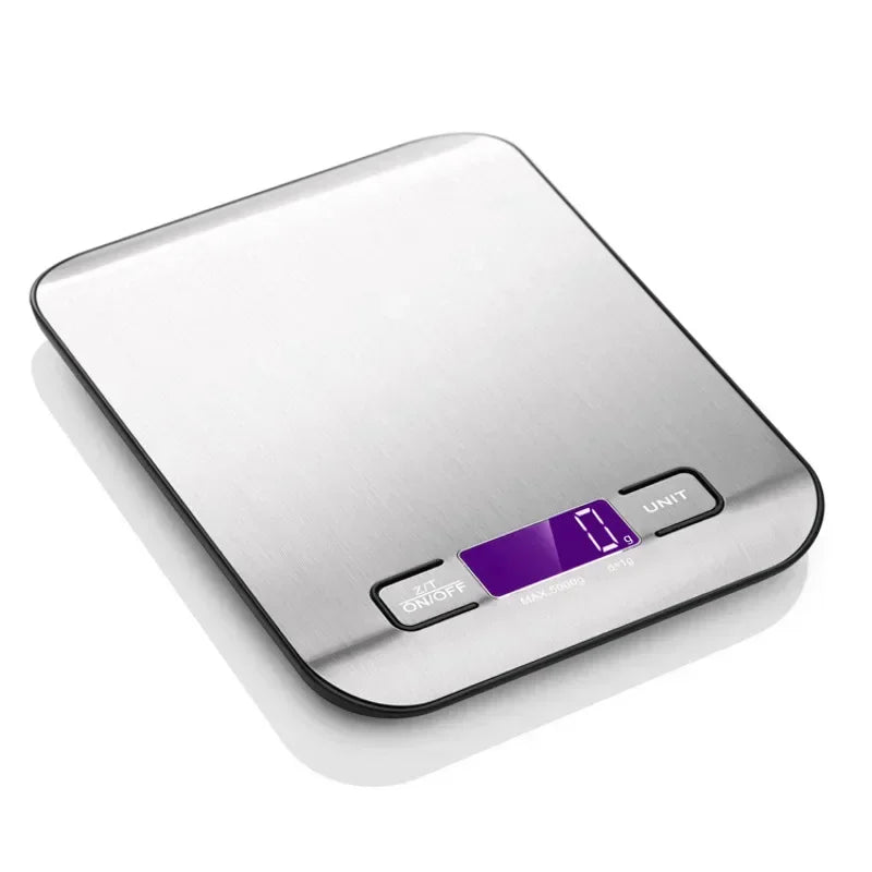 Digital kitchen scale with a metallic finish on a white background