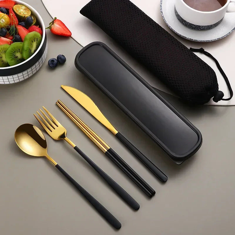 EMESA HOME Portable Stainless Steel Cutlery Set – Knife, Fork, Spoon, Chopsticks with Case, 4-Piece Travel Flatware Gift Set Gold black