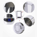 Stainless steel milk frothing pitcher with digital temperature display on a white background