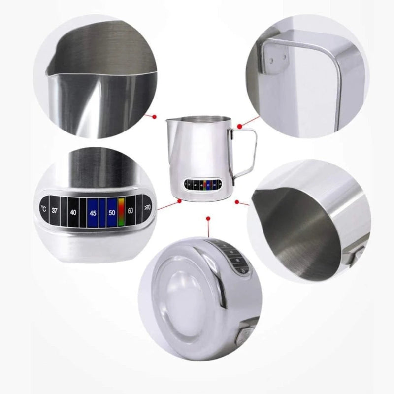 Stainless steel milk frothing pitcher with digital temperature display on a white background