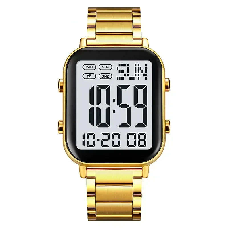 Gold digital watch with black display on a white background, featuring the Skmei brand.