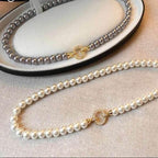 EMESA HOME French Elegant Micro Set Zircon Round Buckle Imitation Pearl Beaded Necklace, Women's Temperament Jewelry Sweet Accessories - EMESA HOME™
