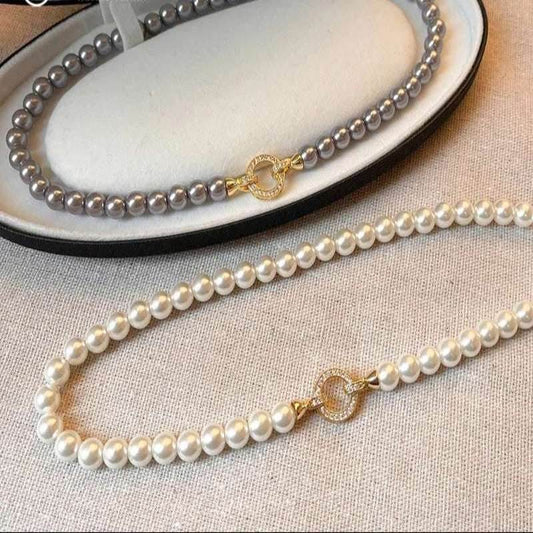 EMESA HOME French Elegant Micro Set Zircon Round Buckle Imitation Pearl Beaded Necklace, Women's Temperament Jewelry Sweet Accessories