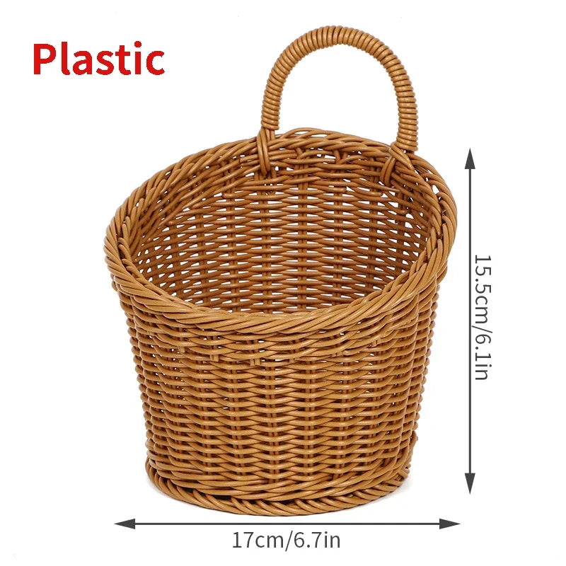 Wicker basket with handles and dimensions on a white background