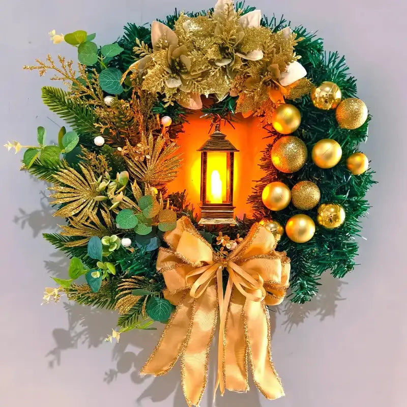 EMESA HOME 45CM Golden Lighted Floral Wreath with Red Ball Accents
