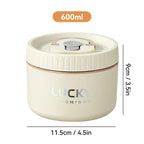 Beige lunch box with 'Lucky' branding, showing dimensions and capacity on a white background.