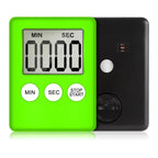 A digital kitchen timer shown in two views: a bright lime green front face with a large LCD display and three round buttons labeled MIN, SEC, and STOP/START, and a black back view showing the internal controls and dial, on a white background.