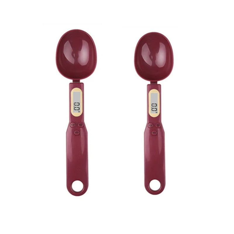 Two maroon digital measuring spoons on a white background