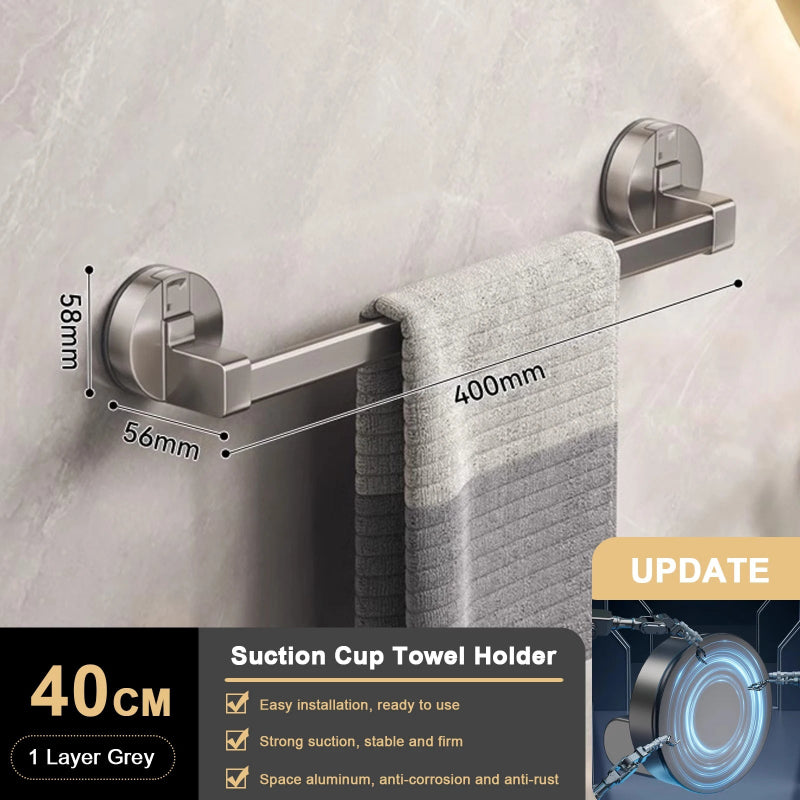 Suction cup towel holder with dimensions and features on a gray wall background