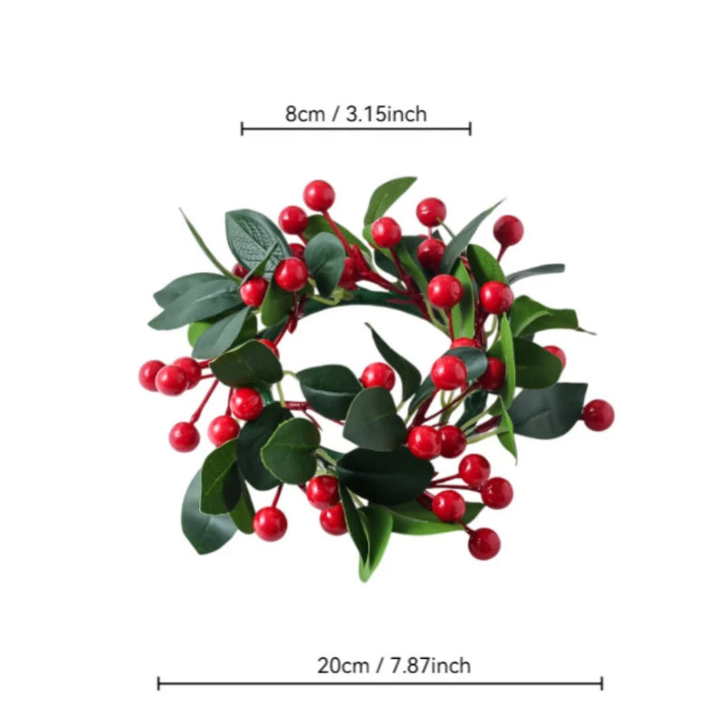 An artificial holly-style wreath with glossy red berries and green leaves, shown on a white background with dimension lines indicating 8 cm width and 20 cm height.