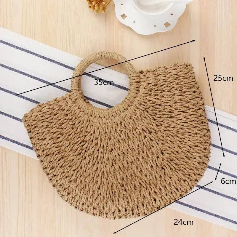 EMESA HOME Handmade Straw Bag – Women’s Woven Beach Tote, Moon-Shaped Top Handle Handbag, Summer Holiday Shoulder Bag - EMESA HOME™