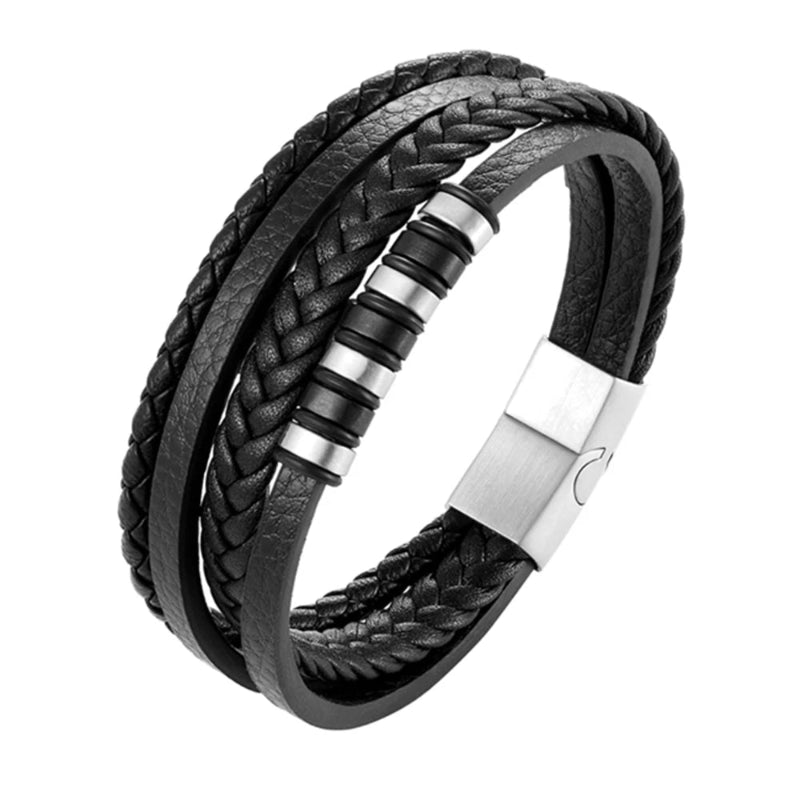 Black braided leather bracelet with silver accents on a white background