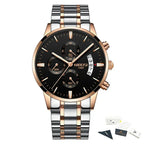 NIBOSI watch with black dial and rose gold accents on a white background