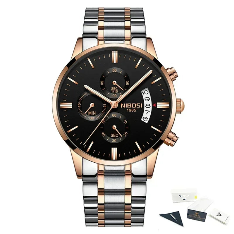 NIBOSI watch with black dial and rose gold accents on a white background