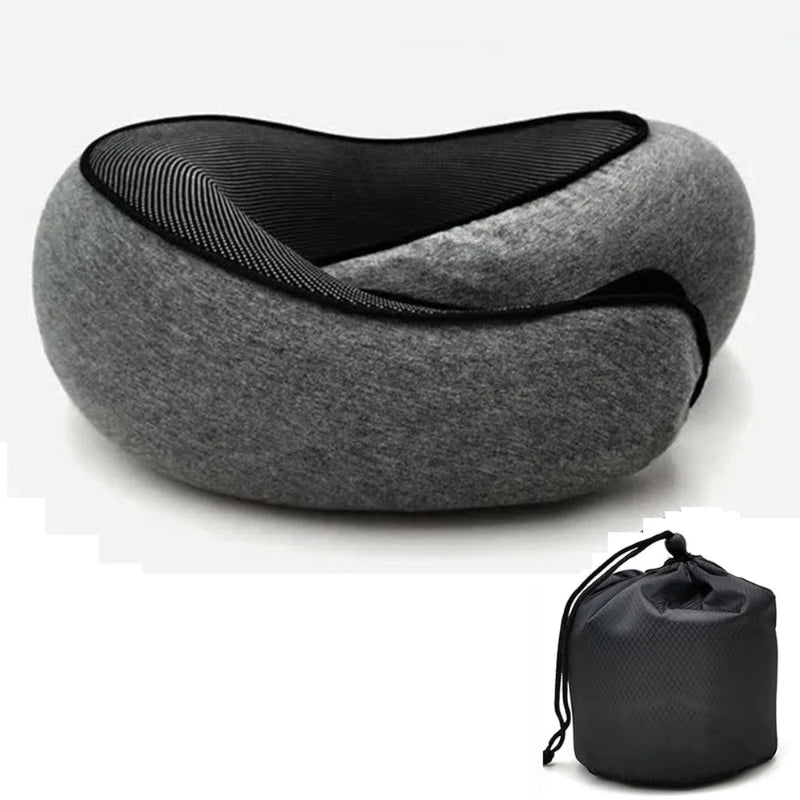 Dark Black neck pillow with a carrying pouch on a white background
