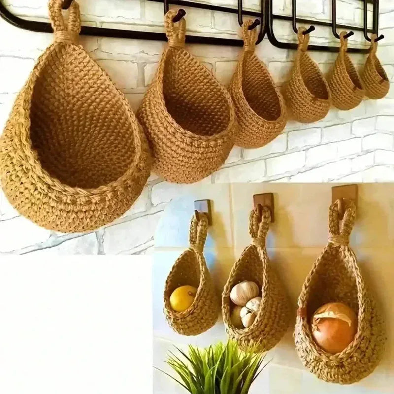 EMESA HOME Hand-woven Basket Wall Kitchen Hanging Net Pocket - Cotton Rope Water Drop Fruit Vegetable Storage Basket, Home Organizer Tools - EMESA HOME™