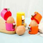 Colorful egg shell removers on a light blue surface with eggs.