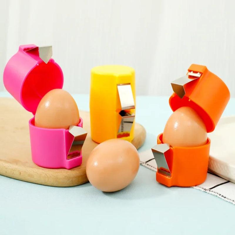 Colorful egg shell removers on a light blue surface with eggs.