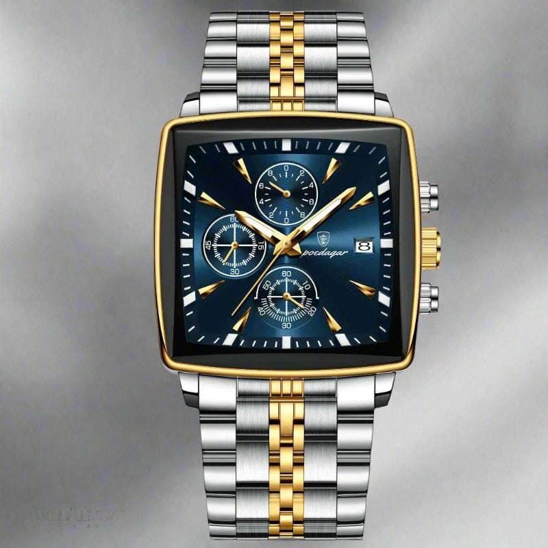 EMESA HOME Luxury Square Sport Man Wristwatch Waterproof Luminous Chronograph Quartz Men's Watches Stainless Steel Gold Blue