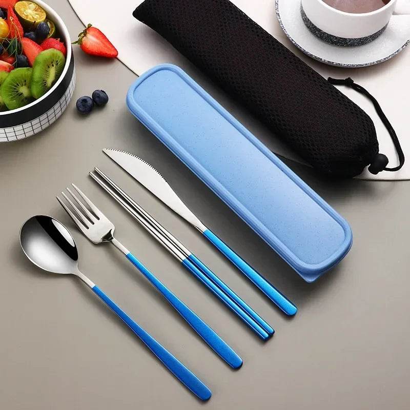 EMESA HOME Portable Stainless Steel Cutlery Set – Knife, Fork, Spoon, Chopsticks with Case, 4-Piece Travel Flatware Gift Set Silver blue