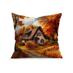 A square throw pillow featuring a printed autumn landscape scene with a thatched cottage, orange trees, a dirt path, and a cloudy sky, shown on a plain white background.