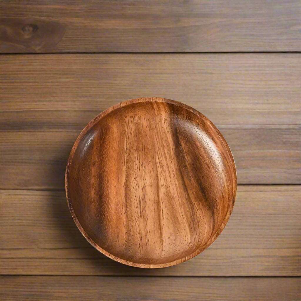 EMESA HOME Japanese Household Dishes Acacia Wood Round Tableware Salad Dessert Tray Vintage Wood Dinnerware Set Plates Serving Platter