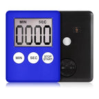 A digital countdown timer shown in two views: a bright blue front face with a digital display and three white buttons labeled MIN, SEC, and STOP/START, and a black back view showing a round dial and small indicator lights, on a white background.