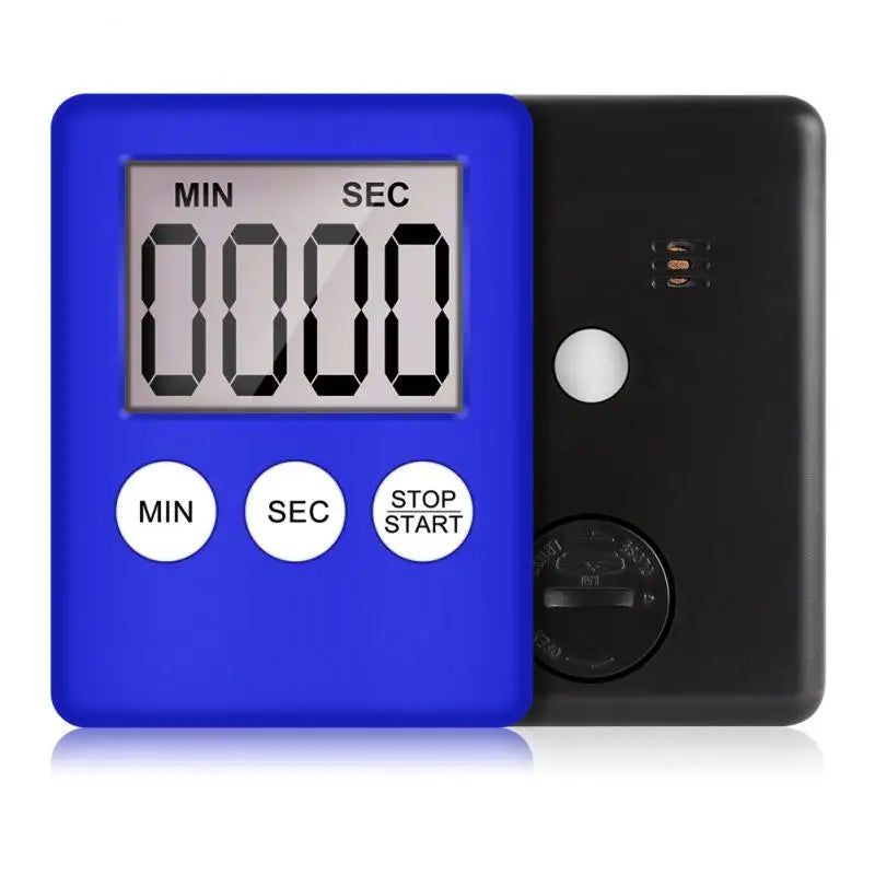 A digital countdown timer shown in two views: a bright blue front face with a digital display and three white buttons labeled MIN, SEC, and STOP/START, and a black back view showing a round dial and small indicator lights, on a white background.