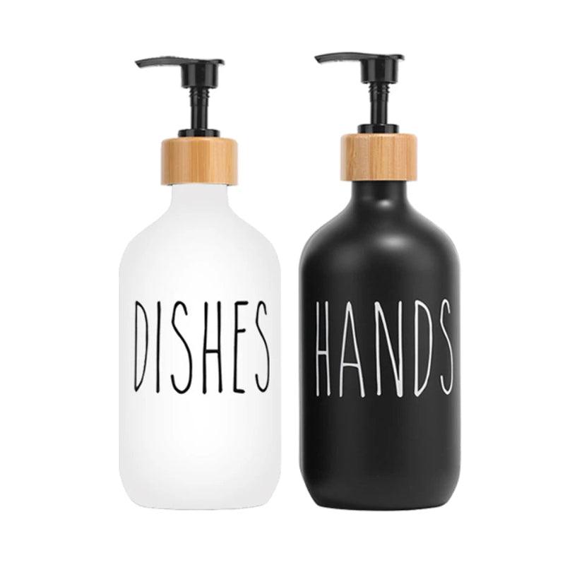 Two soap dispensers labeled 'Dishes' and 'Hands' on a white background