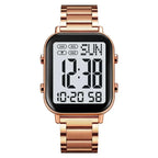 Digital watch with rose gold strap and display on a white background, featuring the brand 'SKMEI'.
