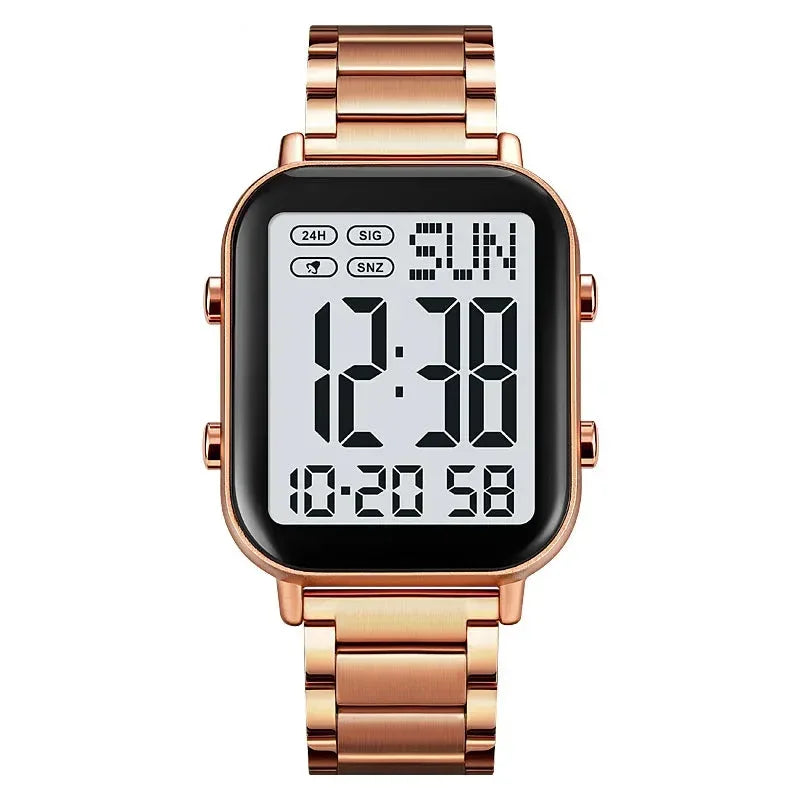 Digital watch with rose gold strap and display on a white background, featuring the brand 'SKMEI'.
