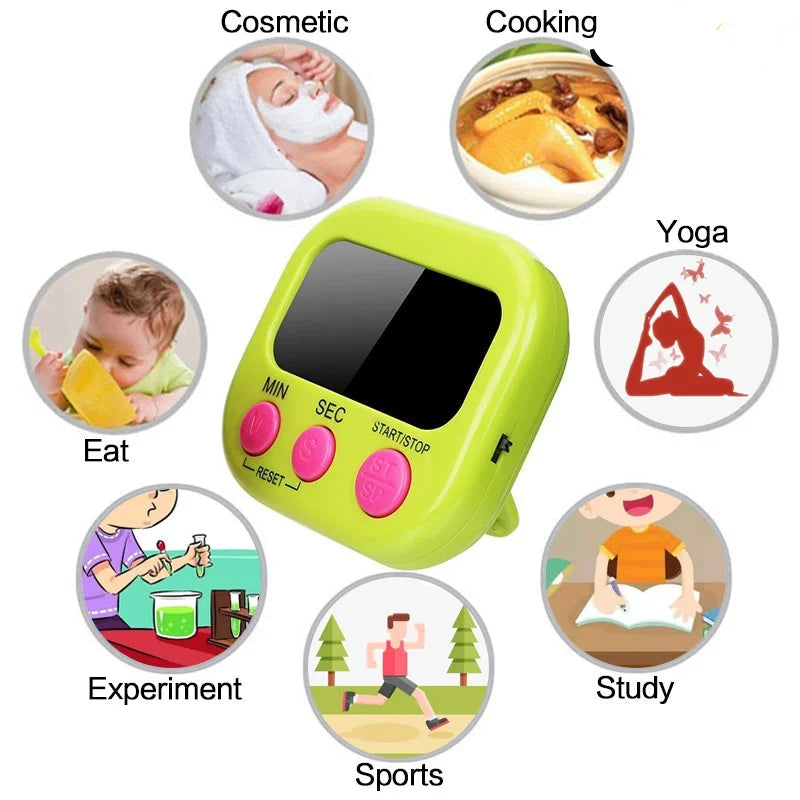 A lime green digital countdown timer toy with pink buttons, shown in the center with circular lifestyle illustrations around it labeled Cosmetic, Cooking, Eat, Yoga, Experiment, Sports, and Study. The brand name JJYY is visible in the top right.
